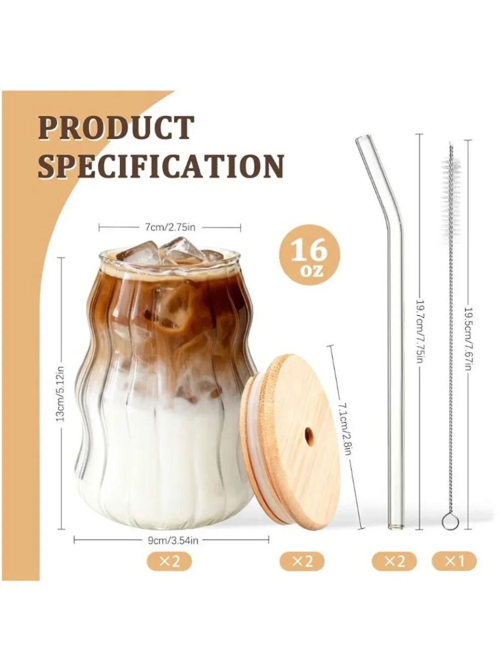 Glass Tumbler Set W/Bamboo Lid Glass Straw & Brush 16oz Reusable BPA-Free